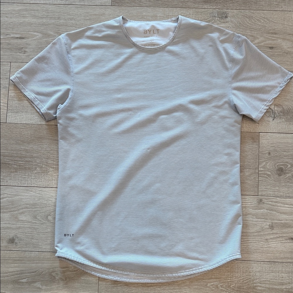 BYLT Basics LUX XL Striped White/Grey Short Sleeve Drop Cut Tee